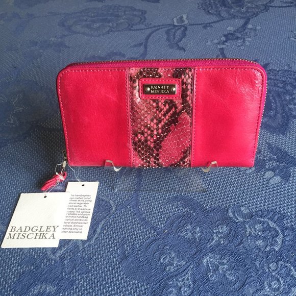 NEW with tags Badgley Mischka wallet leather & snakeskin pink - Picture 1 of 5